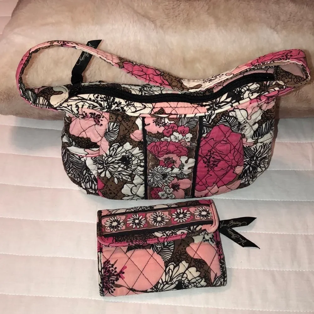 VB Mocha Rouge Mini Hobo Quilted Bag and Wallet Set Brown White Fuchsia Pink